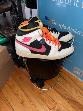 Jordan Women's Mid-Top Sneakers in Black, White & Pink with Orange Laces